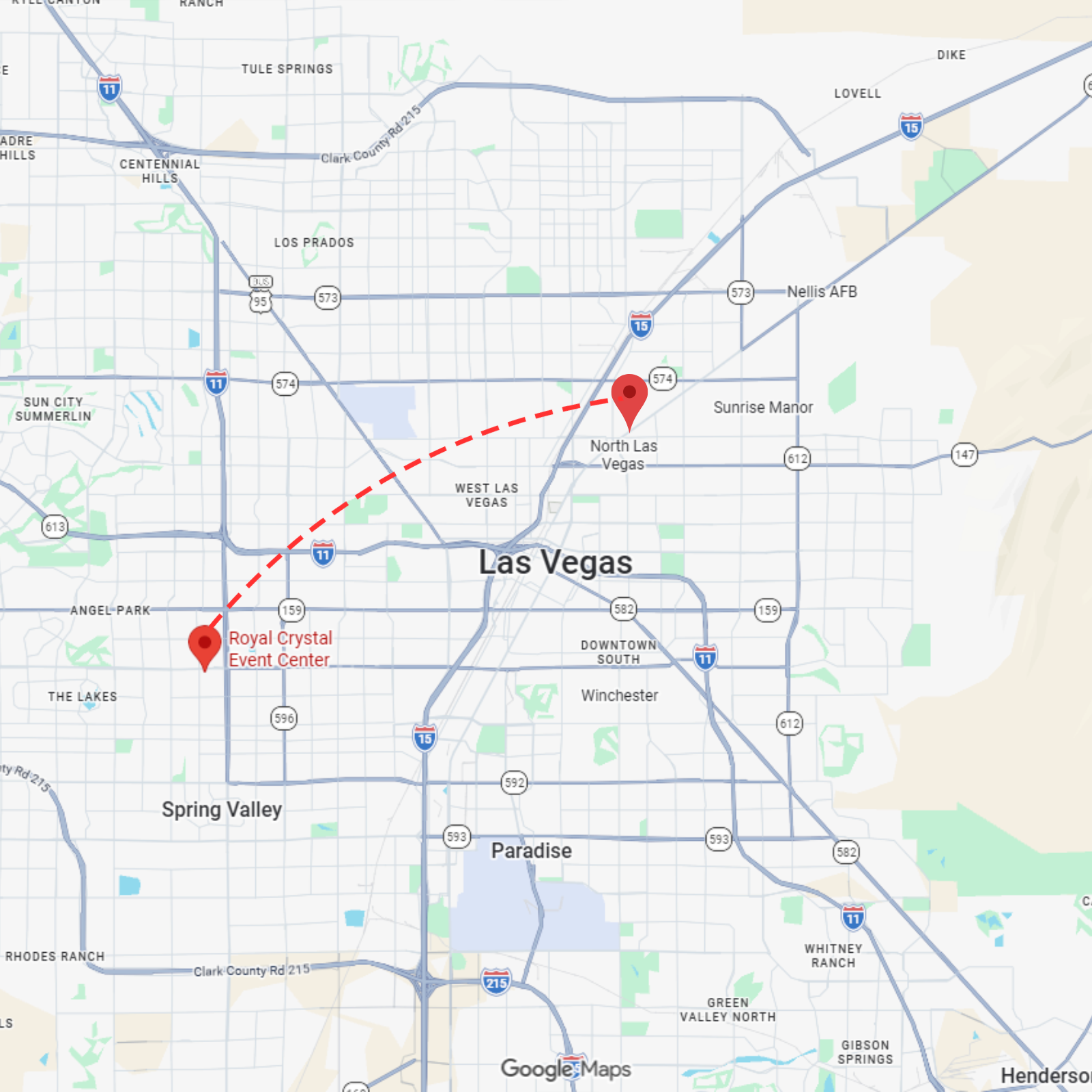 A map of Las Vegas, Nevada, with a red dashed line connecting a point in the west to a location near the airport.