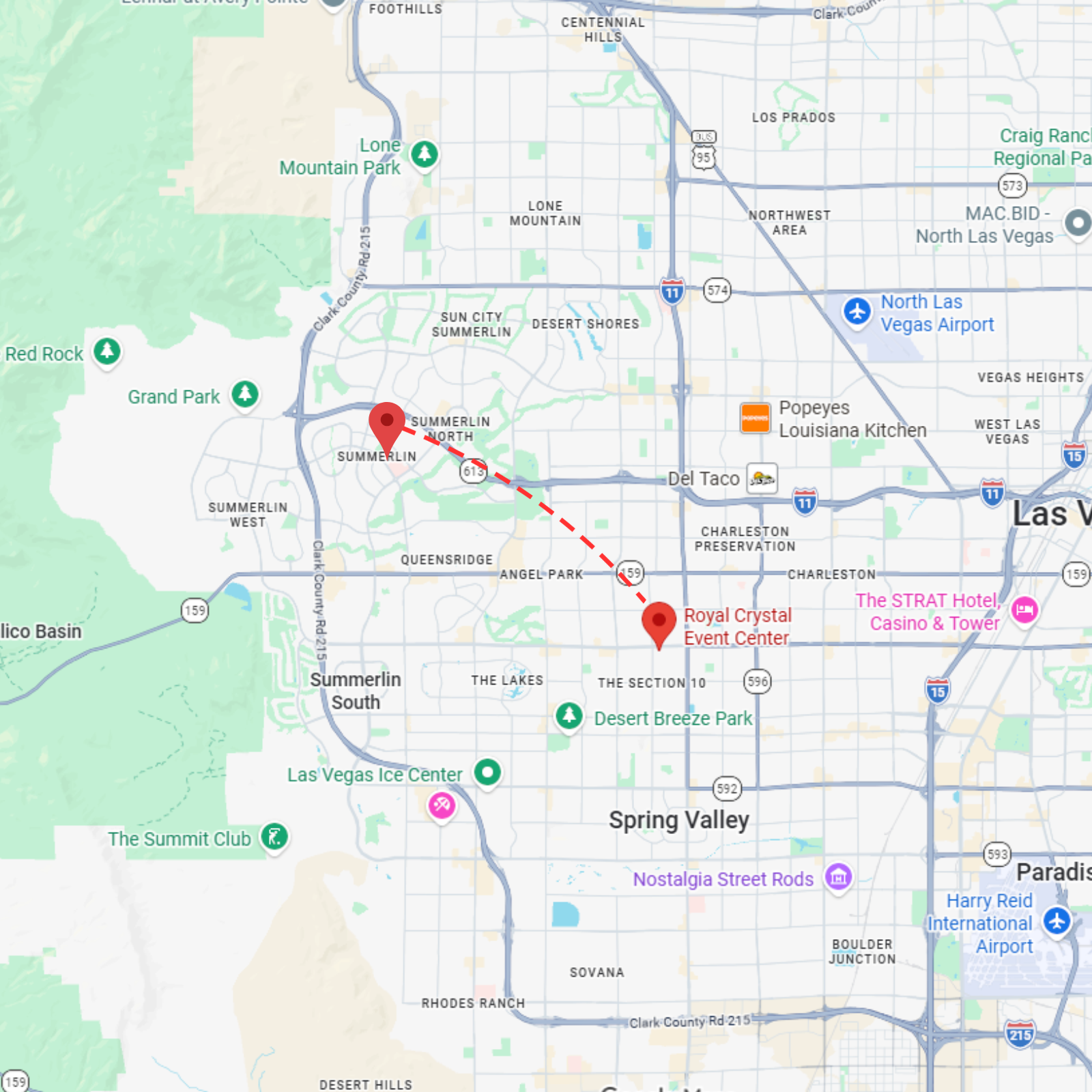 A map of Las Vegas, Nevada, with a red dashed line connecting a point in the west to a location near the airport.