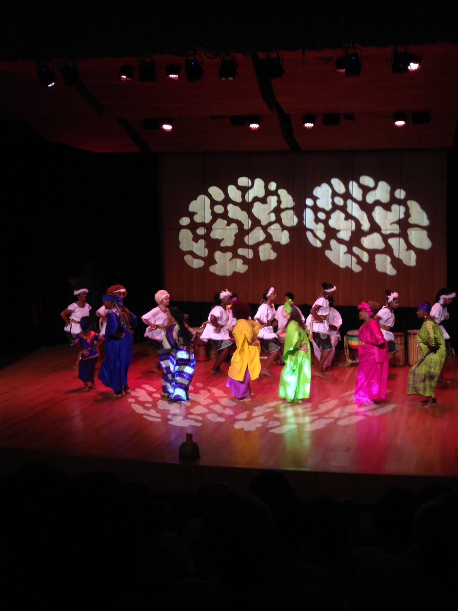 Group of people dancing on stage in colorful clothing, spotlights, and patterned backdrop.