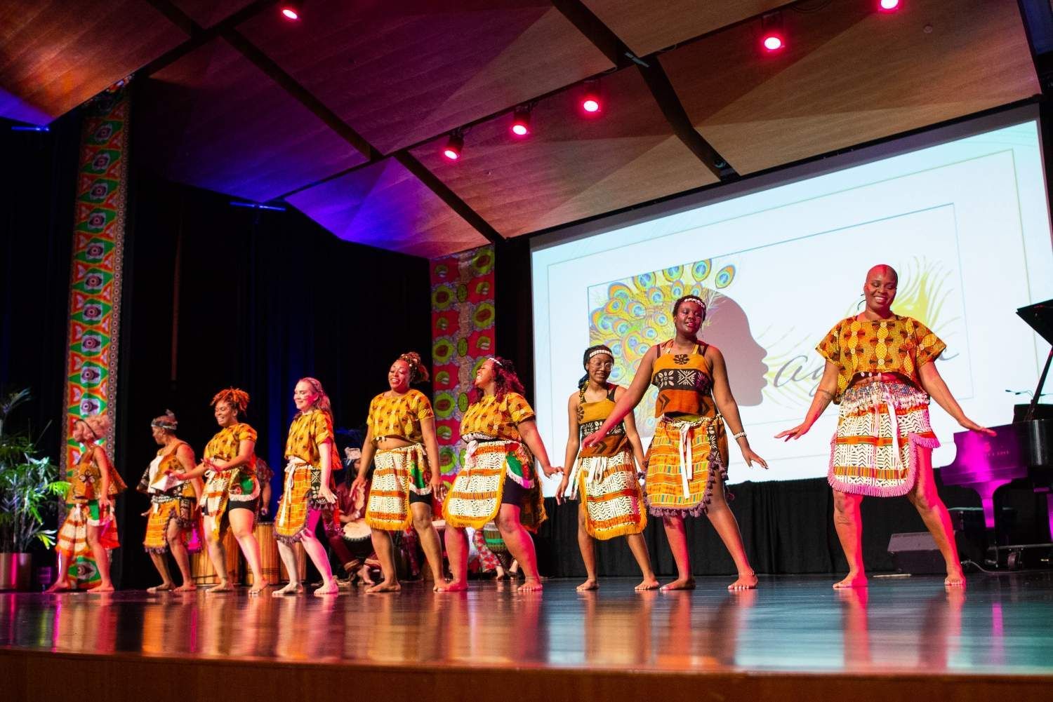A group of people in colorful outfits dancing on a stage under spotlights.