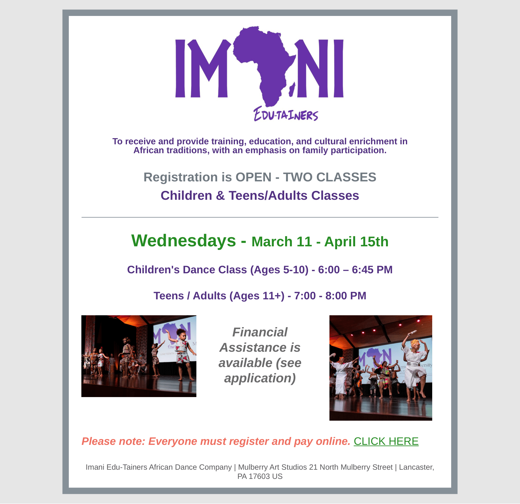 IMANI Dance Studio schedule. Dancers performing on stage. Click here to register.