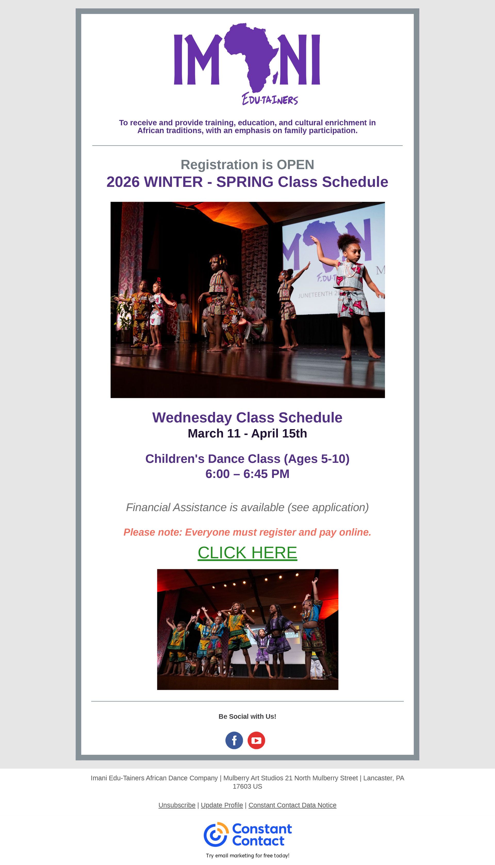 IMANI Dance Studio schedule. Dancers performing on stage. Click here to register.