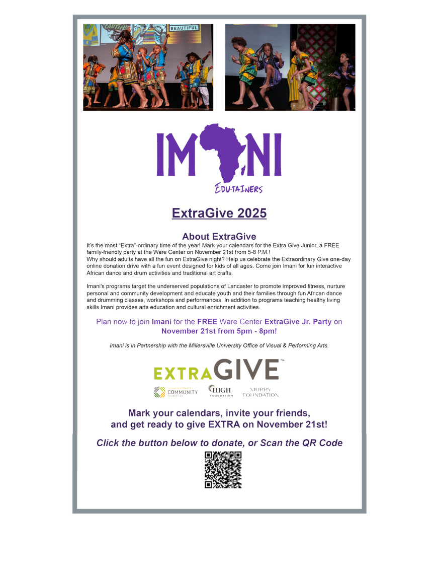 Flyer promoting IMANI’s ExtraGive 2025 event, featuring performance photos, logo, and donation details.