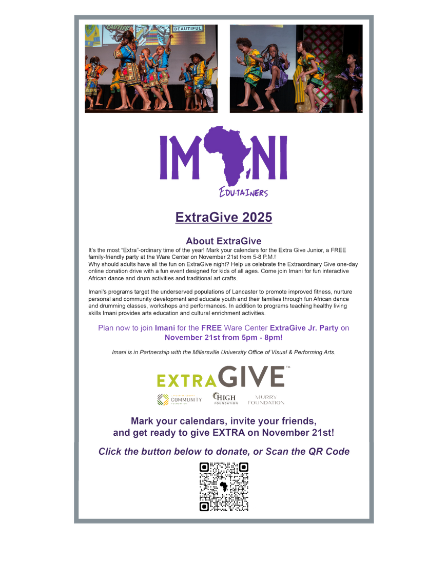 Flyer promoting IMANI’s ExtraGive 2025 event, featuring performance photos, logo, and donation details.