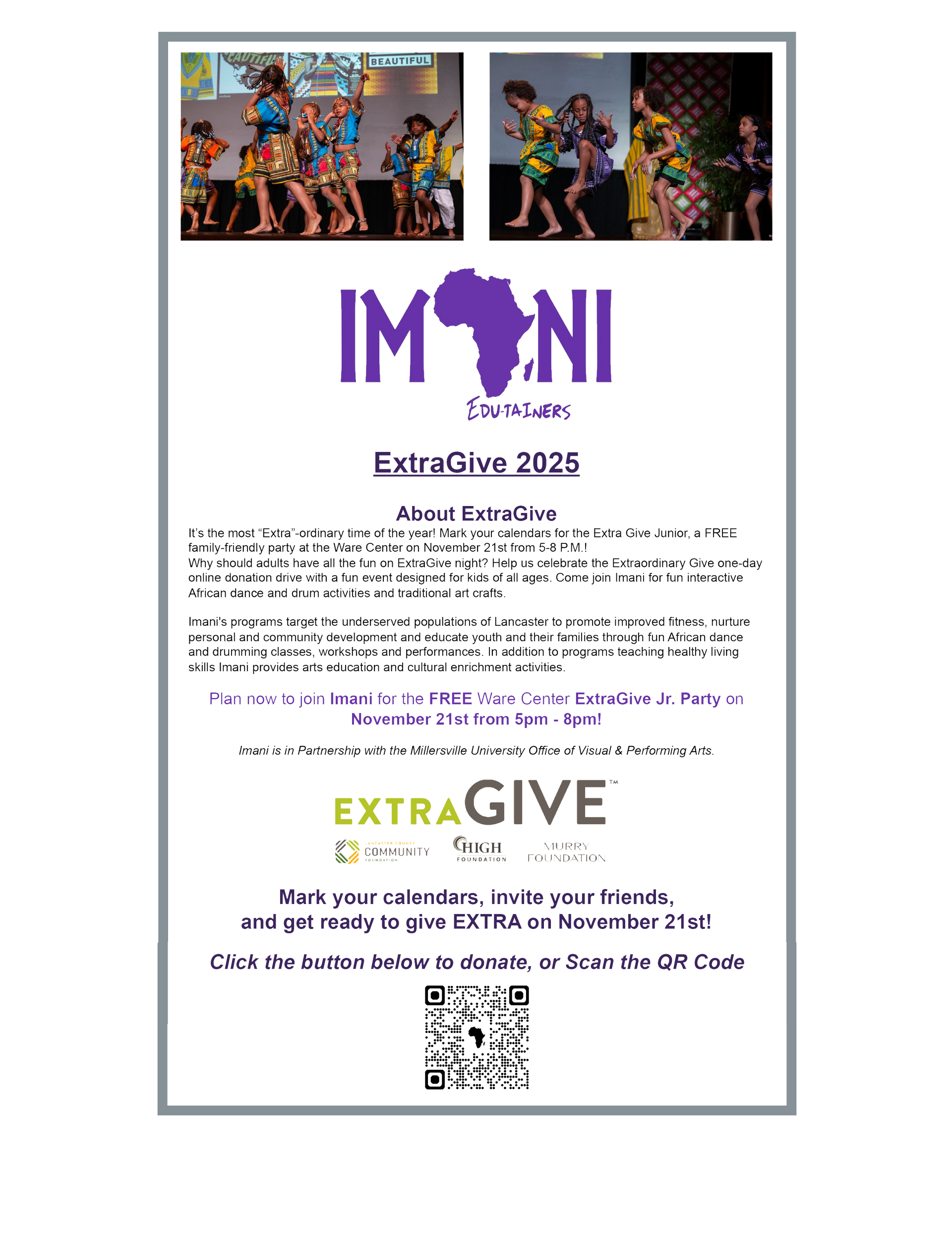 Flyer promoting IMANI’s ExtraGive 2025 event, featuring performance photos, logo, and donation details.