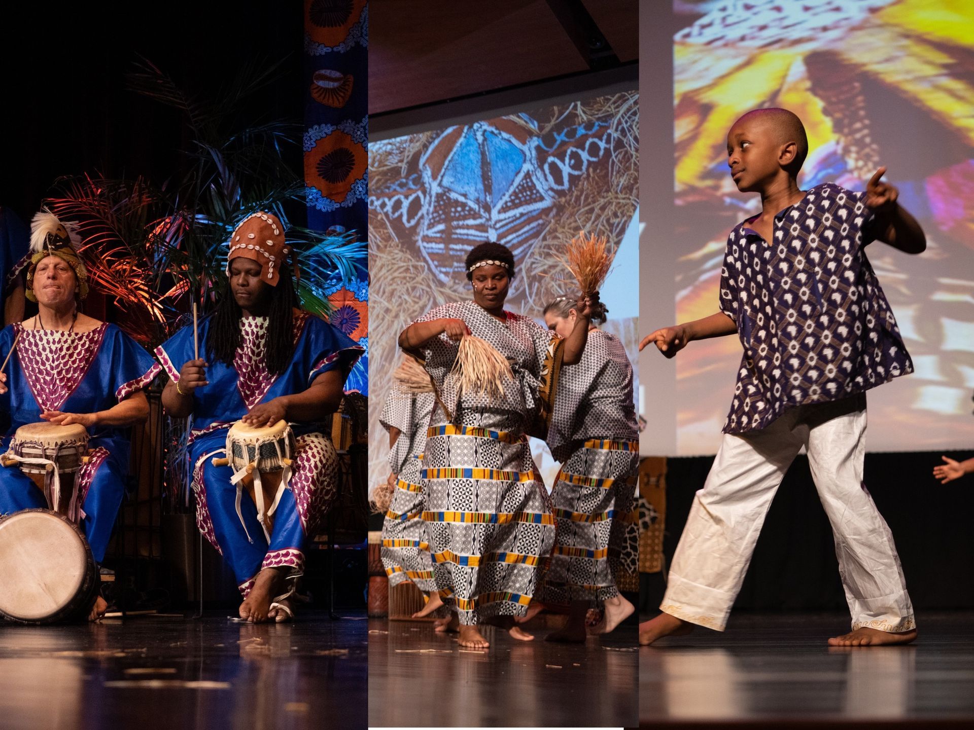African dancers and drummers in blue and patterned garments perform on stage.