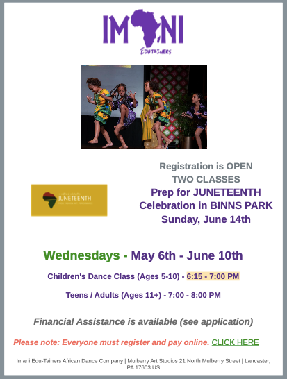 IMANI Dance Studio schedule. Dancers performing on stage. Click here to register.