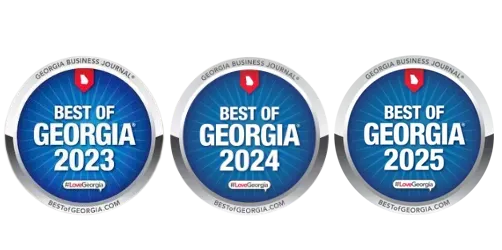 Wags and Whiskers Sitters “Best of Georgia” award badges for 2023, 2024, and 2025.