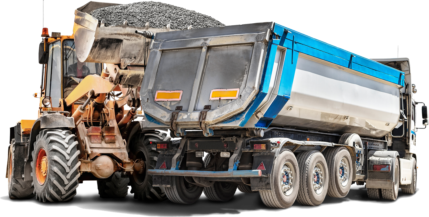 A yellow loader filling a silver dump truck