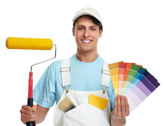 A man is holding a paint roller and a palette of colors