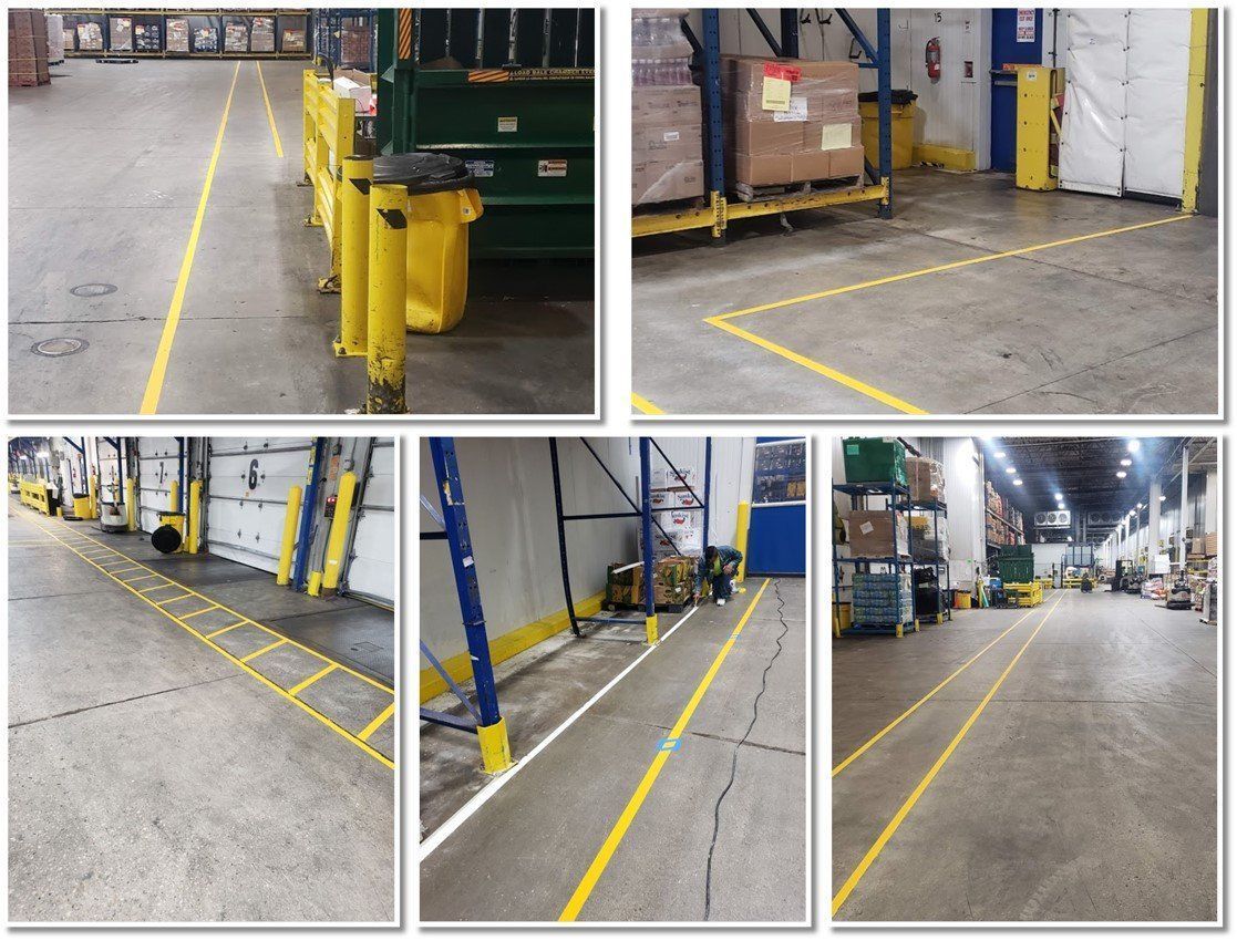 A collage of pictures of a warehouse with yellow lines on the floor