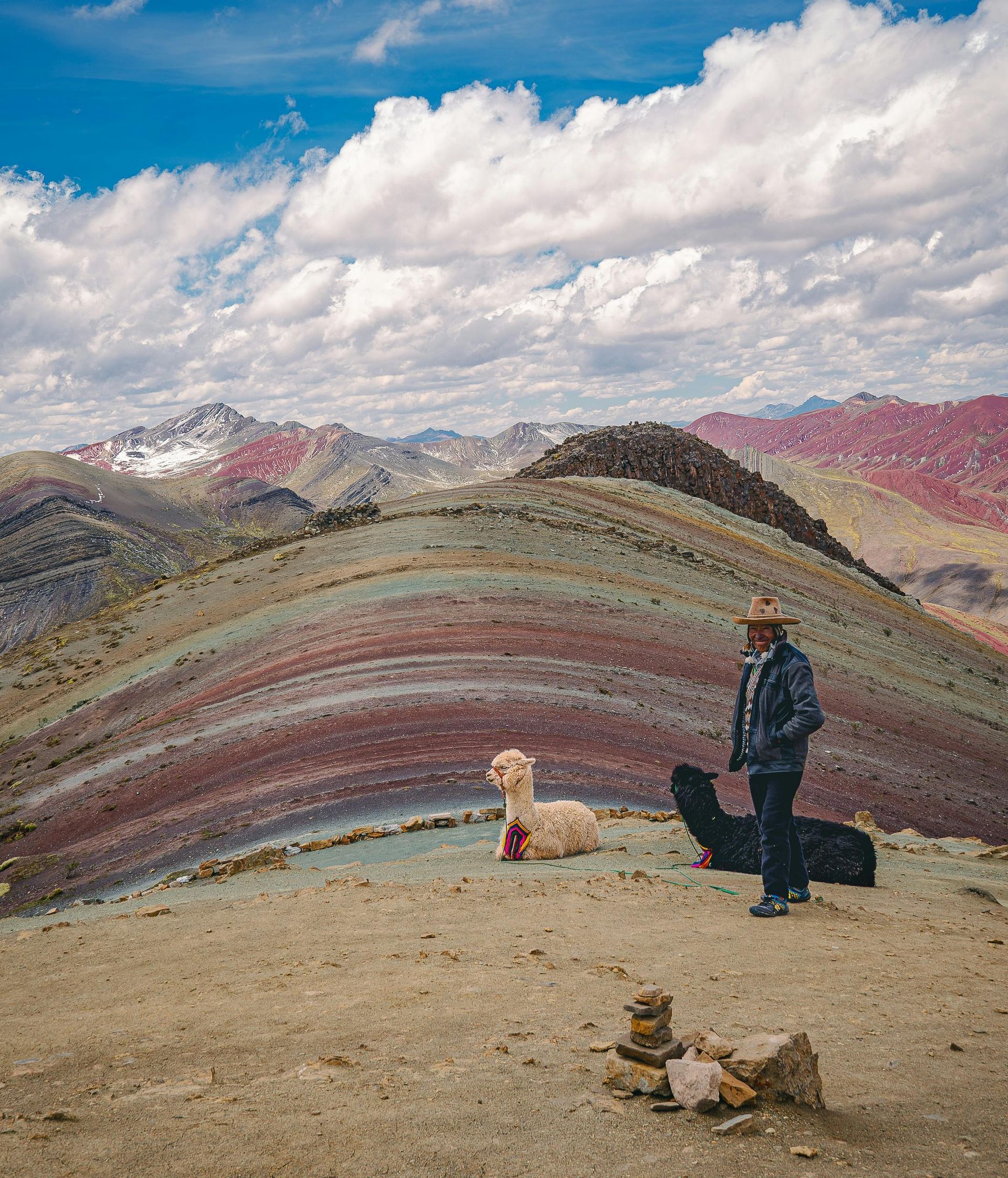 A man and a dog are standing on top of a mountain with a rainbow in the background.