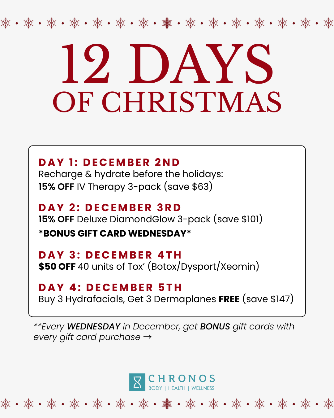 Holiday specials at Chronos BHW | Treatment and gift card specials