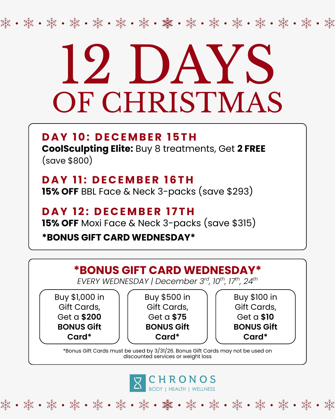 Chronos BHW med spa in Metairie Christmas December Specials