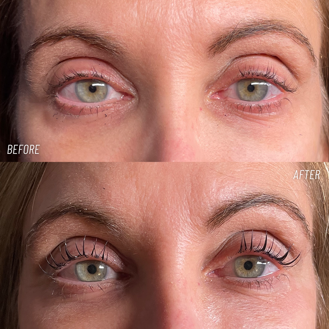 Before and after results of a lash lift and tint at Chronos BHW in Metairie, LA