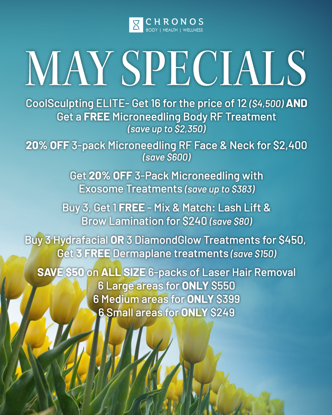 May Specials on skin rejuvenation, laser hair removal, anti-aging treatment and more | Chronos BHW in Metairie, LA