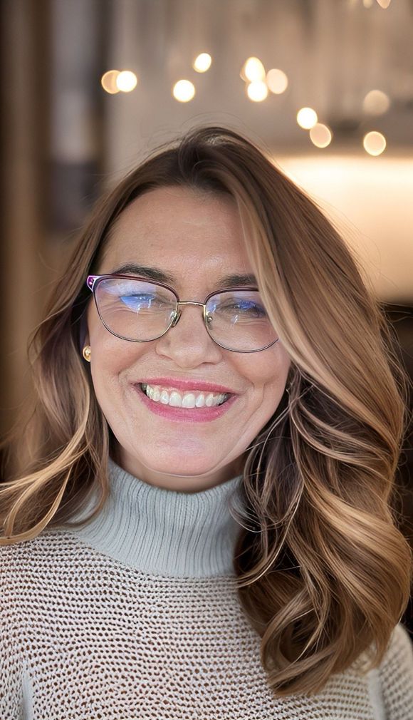 A woman wearing glasses and a sweater is smiling for the camera.