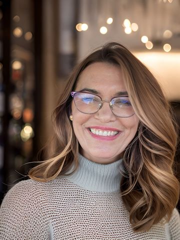 A woman wearing glasses and a sweater is smiling for the camera.