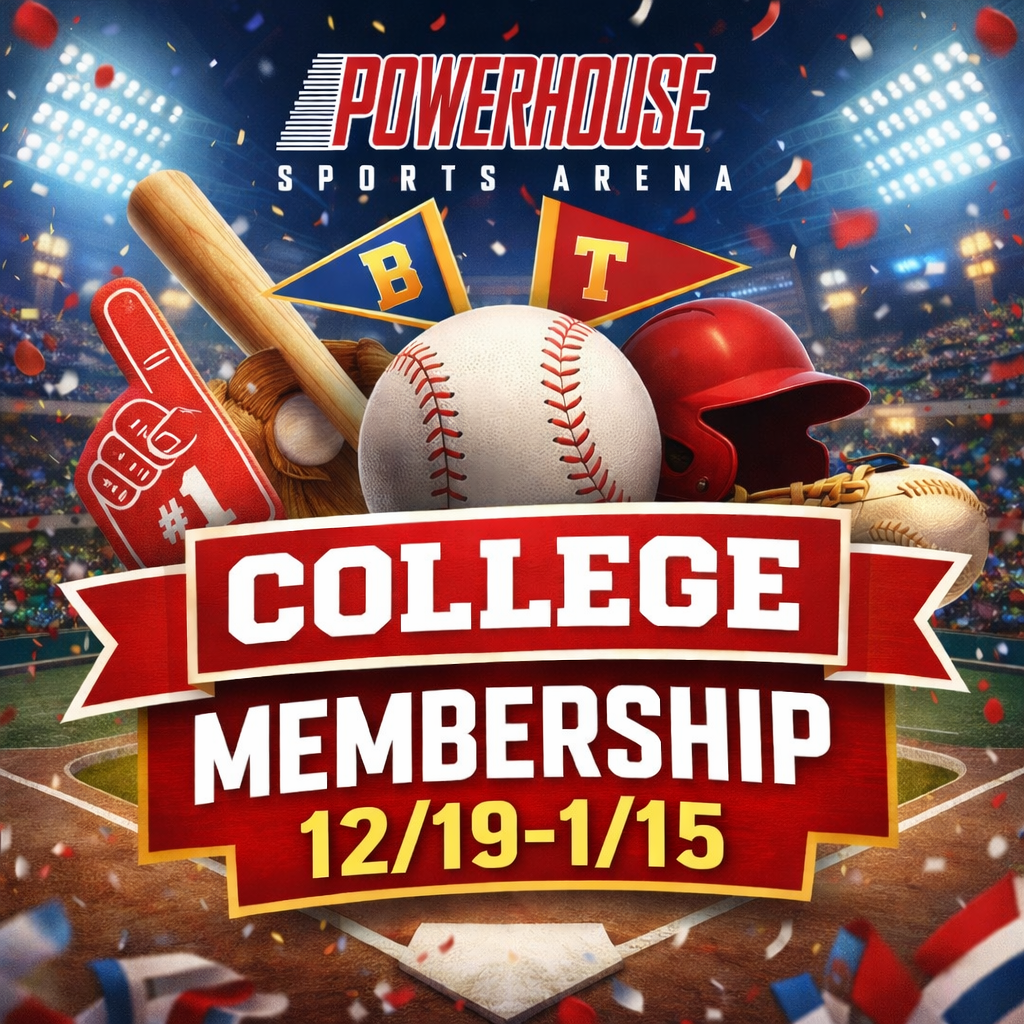 Powerhouse Sports Arena college baseball event graphic with baseball equipment and stadium backdrop
