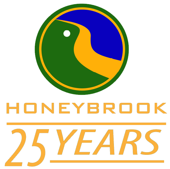 A logo for honeybrook 25 years with a bird in a circle