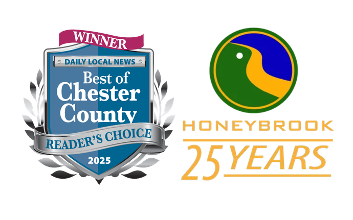 A logo for honeybrook 25 years with a bird in a circle