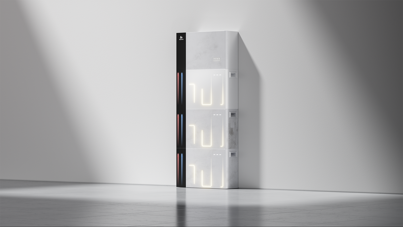 Een hoge, rechthoekige witte kachel met een zwart zijpaneel staat tegen een effen muur en verspreidt een warm, gloeiend licht.