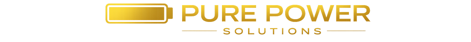 Logo van Pure Power Solutions, goudkleurig, met een batterij-icoon en de tekst "Pure Power Solutions".