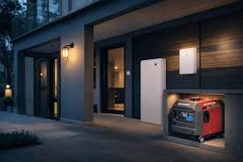 Een moderne woninggevel bij schemering, met een grote witte accu en een rode draagbare generator in een muurnis.