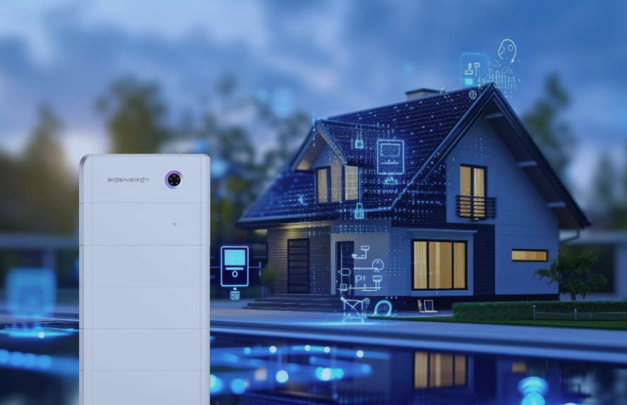 Op de voorgrond een witte smartphone met op de achtergrond een digitale afbeelding van een slim huis dat met een netwerk is verbonden.