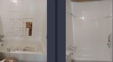A before and after picture of a bathroom with a bathtub.