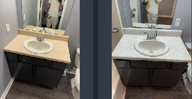 A before and after photo of a bathroom sink.