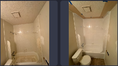 A before and after picture of a bathroom with a tub and toilet