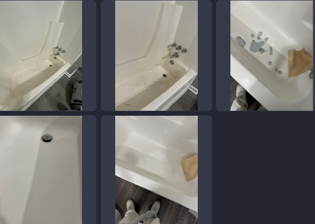 A collage of pictures of a bathtub in a bathroom.