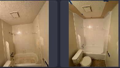 A before and after picture of a bathroom with a bathtub and toilet.
