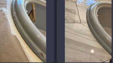 Two pictures of a bathroom sink before and after being painted.
