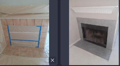 A picture of a fireplace before and after being painted.