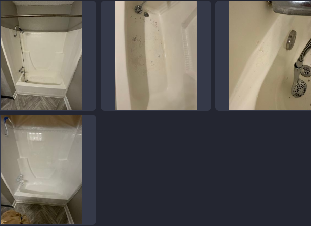 A collage of four pictures of a bathtub and shower.