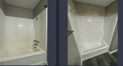 A before and after picture of a bathtub and shower.