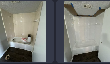 Two pictures of a bathroom with a bathtub and shower.
