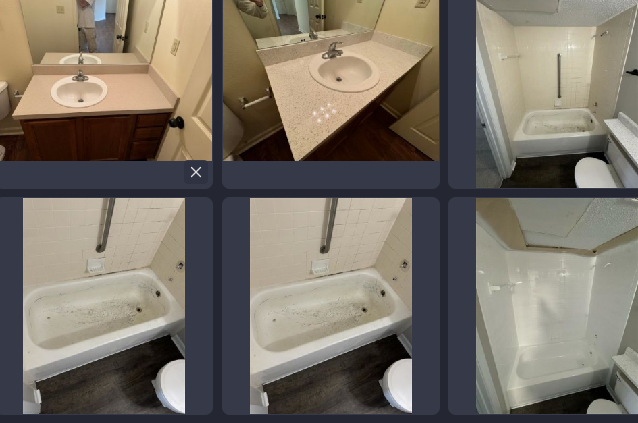 Four pictures of a bathroom with a sink and bathtub