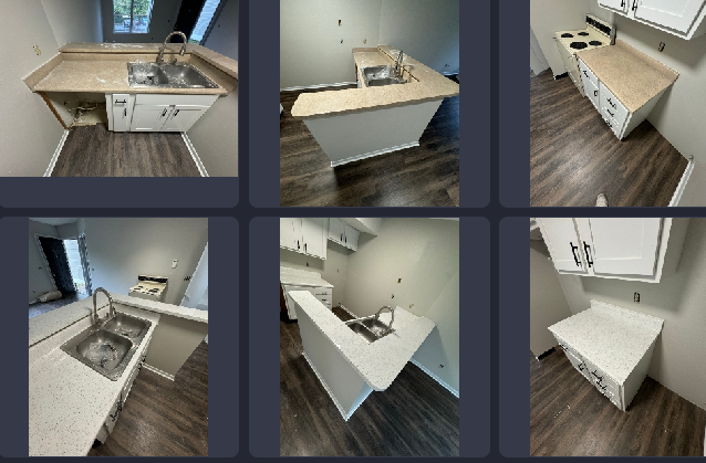 A collage of pictures of a kitchen with white cabinets