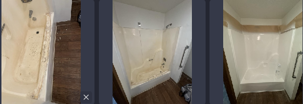 A collage of three pictures of a bathroom before and after being remodeled.