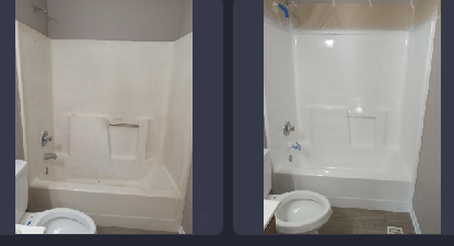 A before and after picture of a bathroom with a bathtub and toilet.