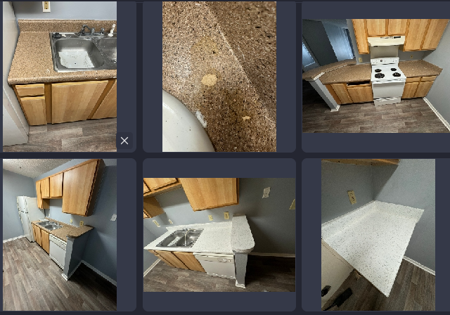 A collage of pictures of a kitchen with a x in the middle