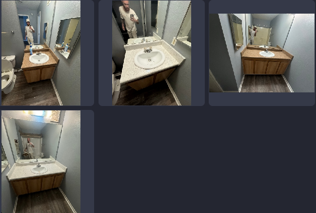 Four pictures of a bathroom with a sink and a mirror