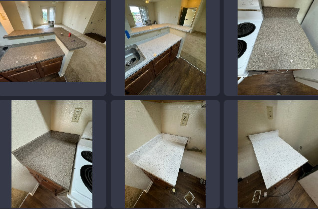 A collage of pictures of a kitchen with granite counter tops