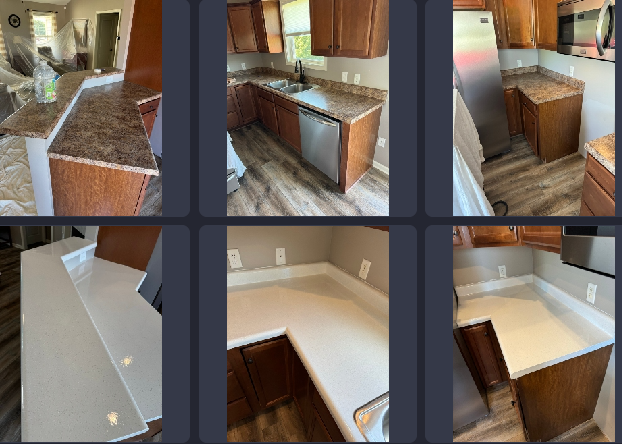 A collage of pictures of a kitchen with granite counter tops.