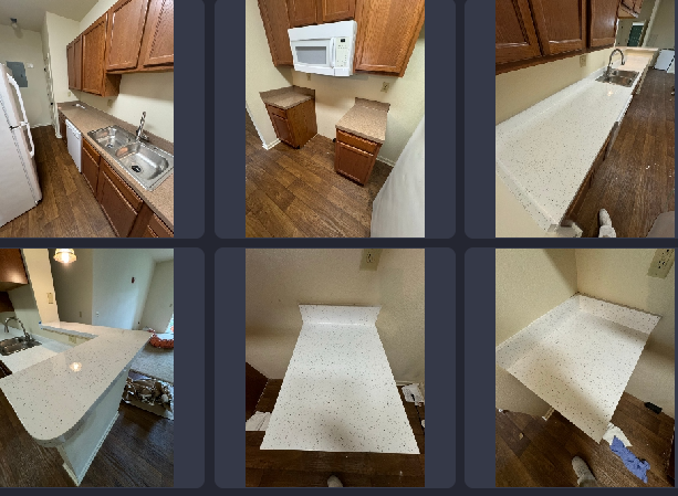 A collage of pictures of a kitchen with wooden cabinets