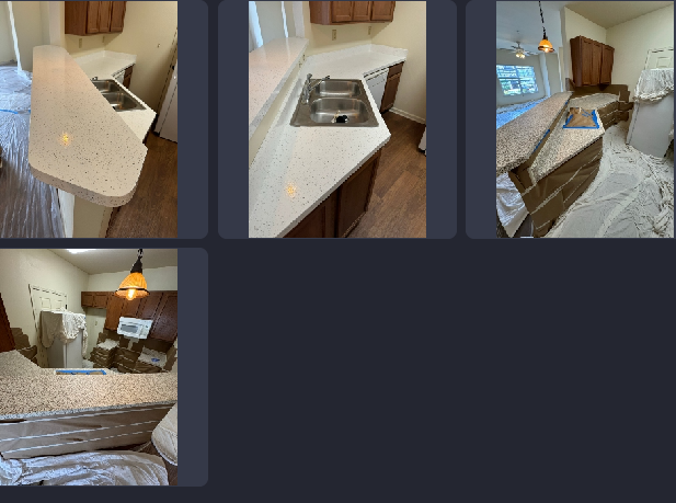 A collage of pictures of a kitchen with granite counter tops