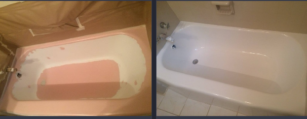 Two pictures of a bathtub before and after being painted